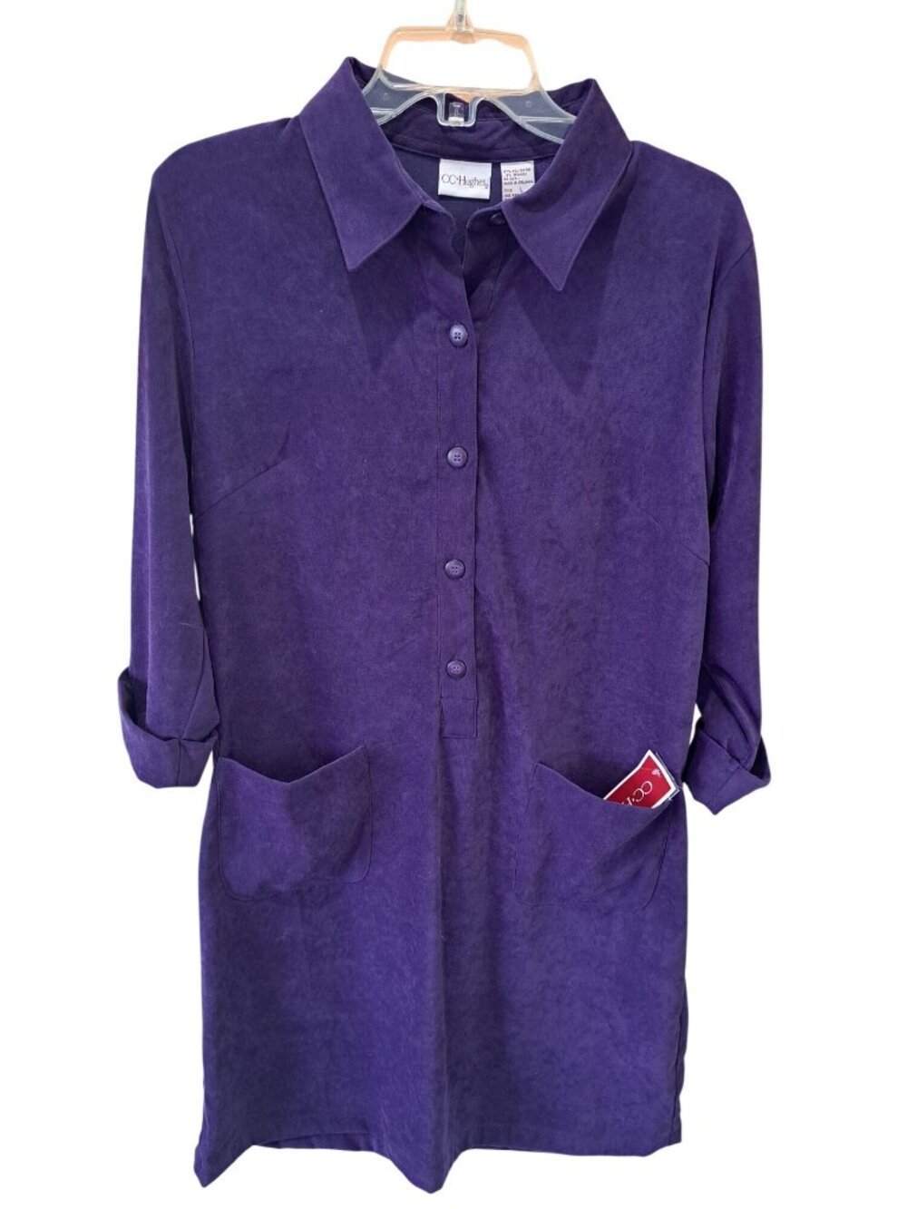 CC Hughes Purple Button-Up Tunic Shirt Dress Pockets L NOS Preppy Office Church